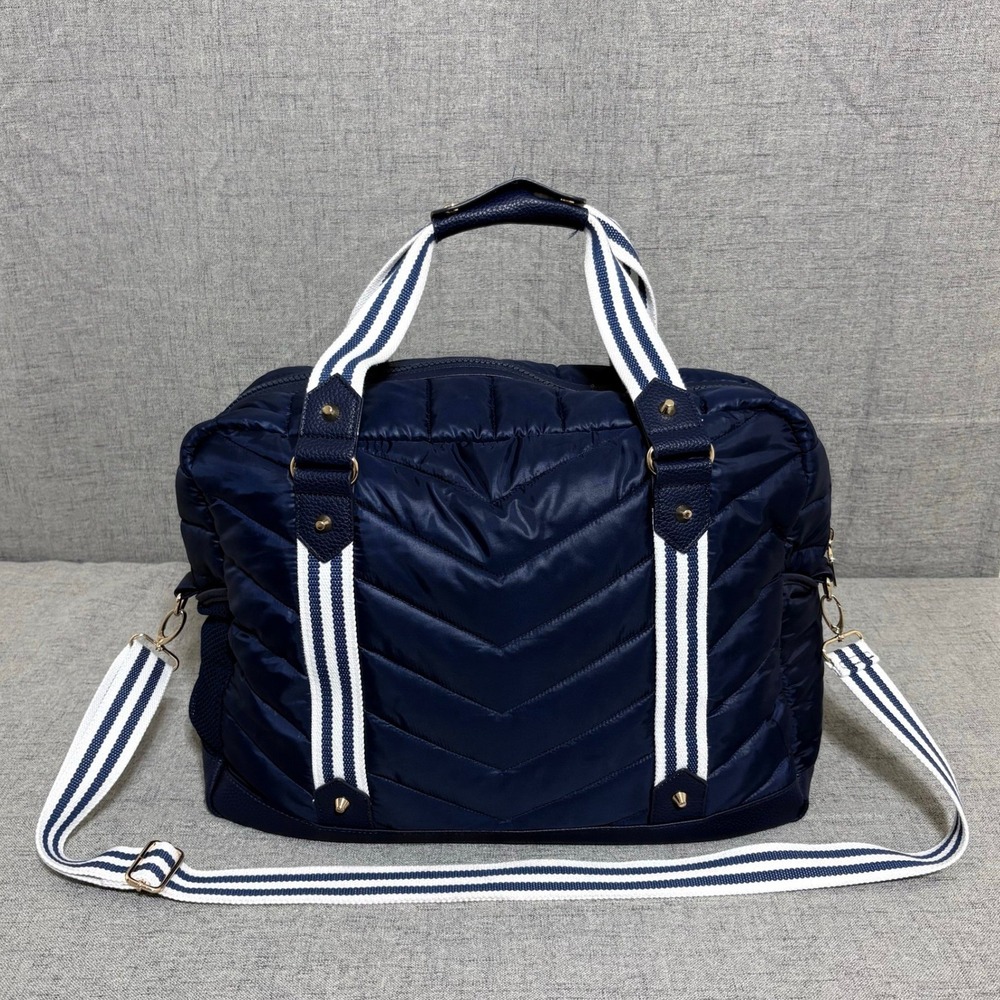 Cynthia Rowley Navy Quilted Duffel Bag Nylon Leather Trim Weekender Travel